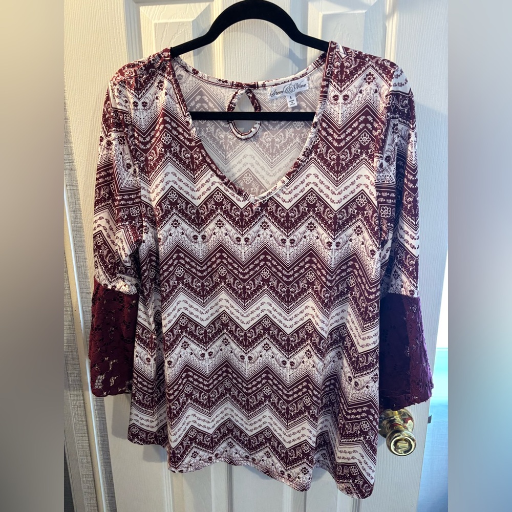 Stem & Vine Cato Burgundy and White Chevron Blouse NWT